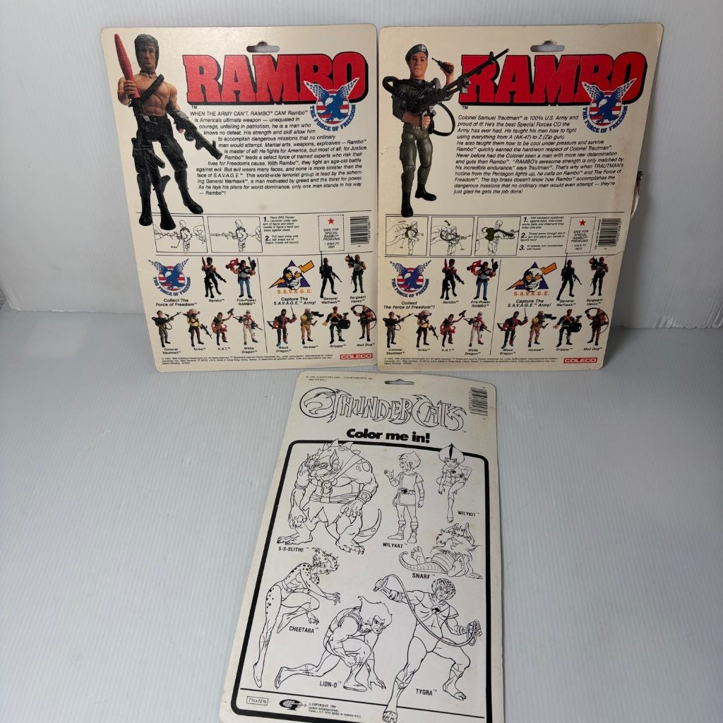Vintage 1980s Rambo Force of Freedom Cardbacks & ThunderCats Sticker Cardback