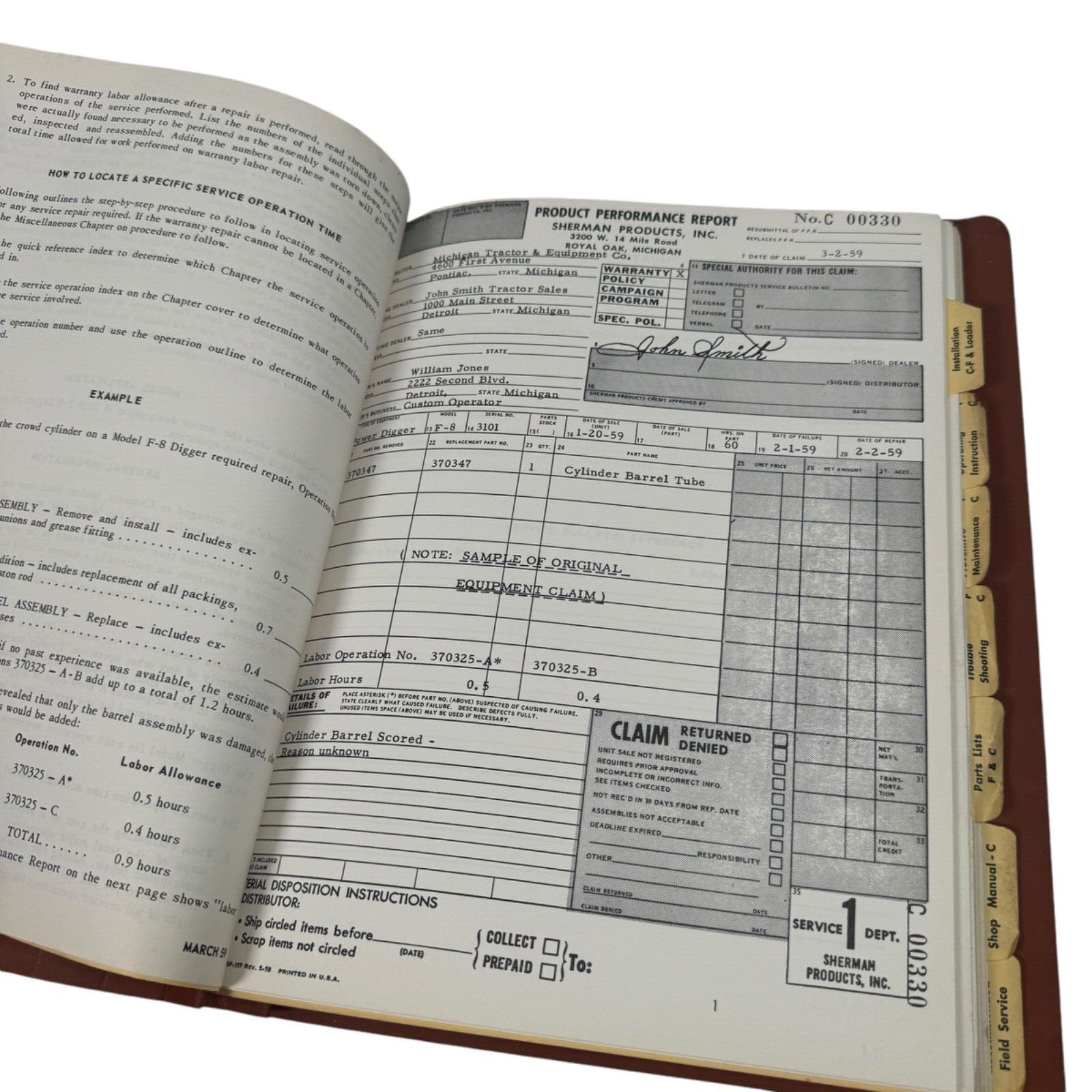 Sherman Front End Loader Owner's Manual 1955 Litho & Dealer Policy Manual