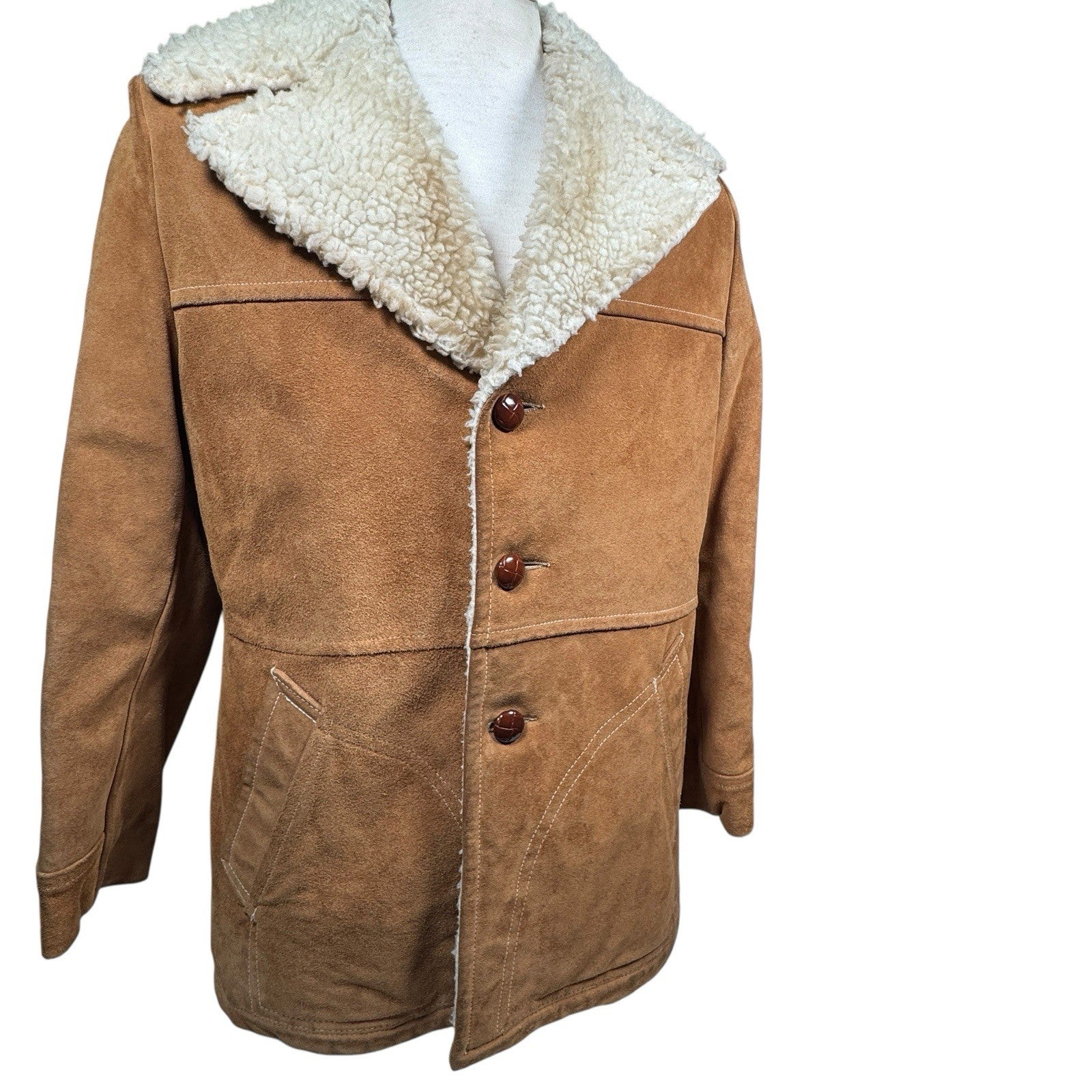 Vintage 70s Lakeland Brown Suede Leather Western Sherpa Rancher Coat Jacket 40