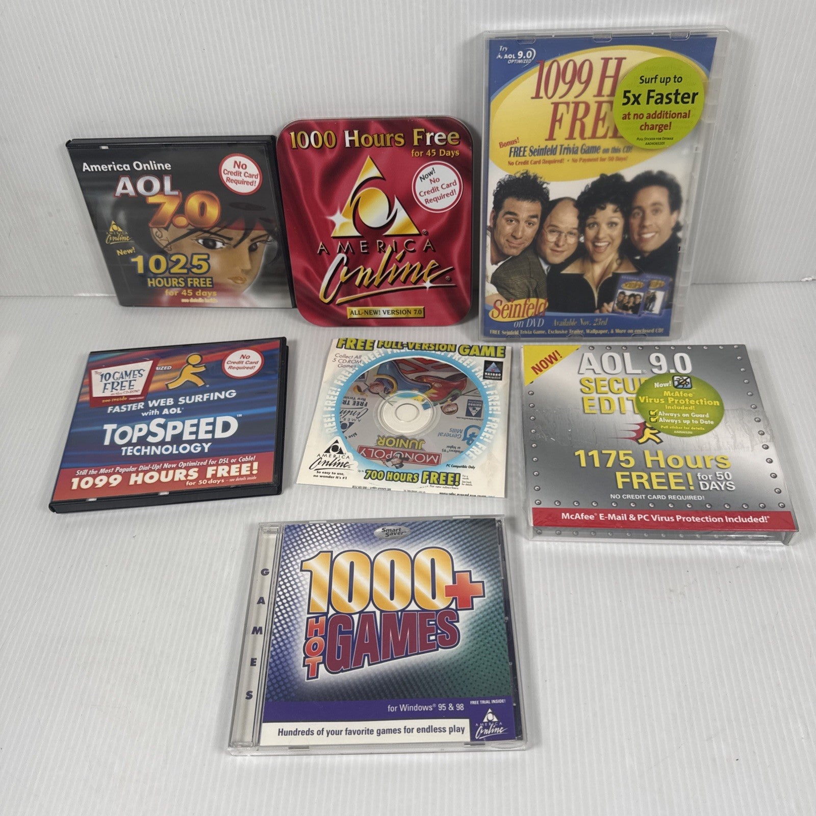 Lot Of 7 AOL Installation Discs V. 7.0, 9.0 Optimized, 9.0 Security Some Sealed