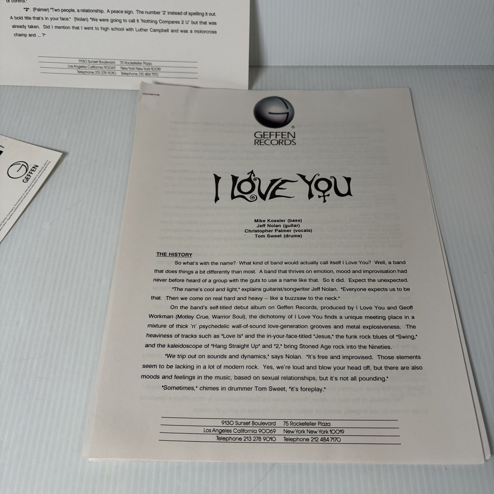 I Love You Band Geffen Records 1991 Press Kit with Photo & Bio Rock Music