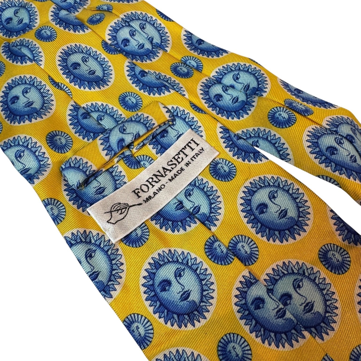 Fornasetti Men's Tie Yellow Soli E Lune Pattern Silk Milano Italy