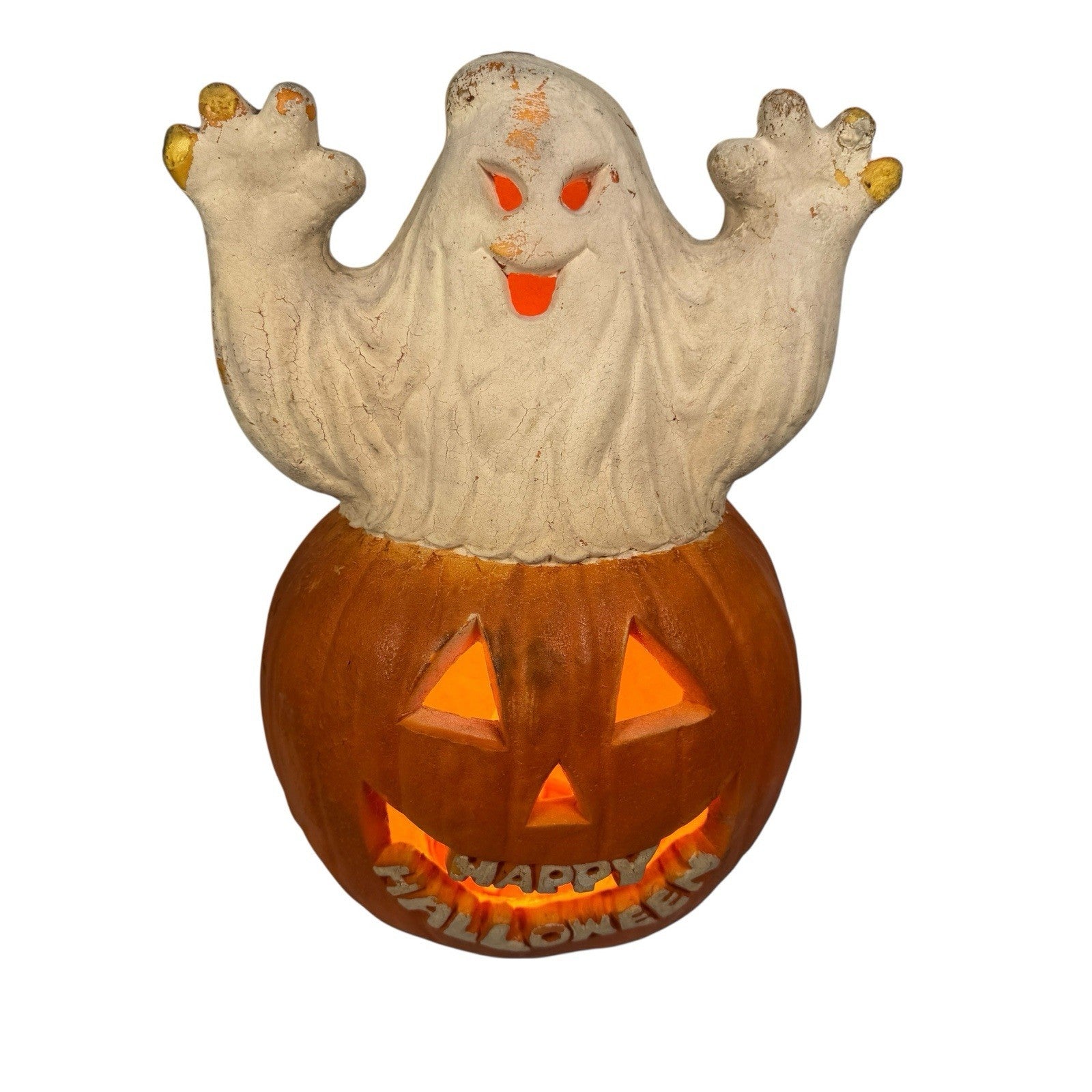 Vintage Happy Halloween Ghost with Pumpkin Foam Blow Mold w/ Gemmy Light