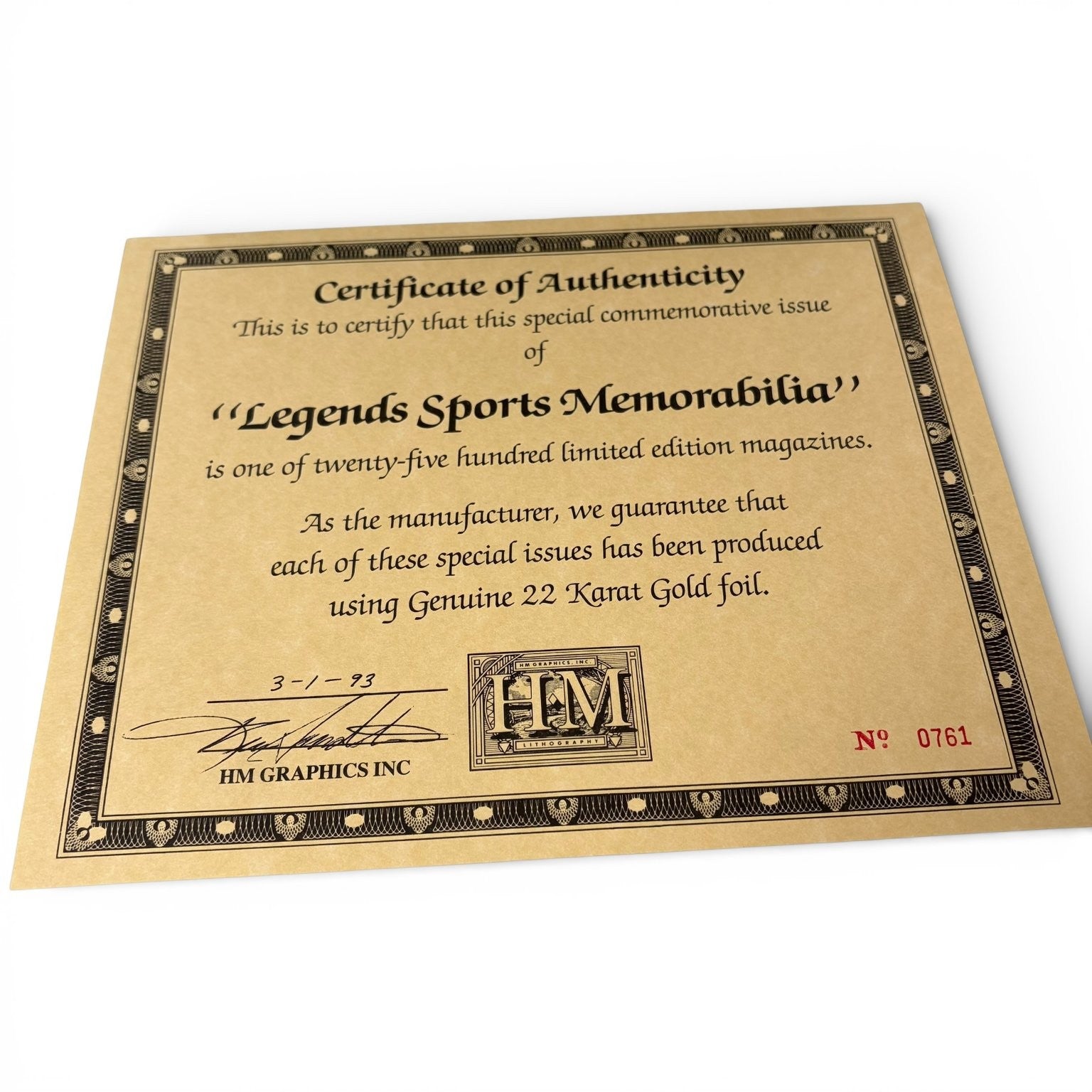 Legends Sports Memorabilia Magazine Mar/Apr 1993 Arnold Palmer 22K Gold Foil COA