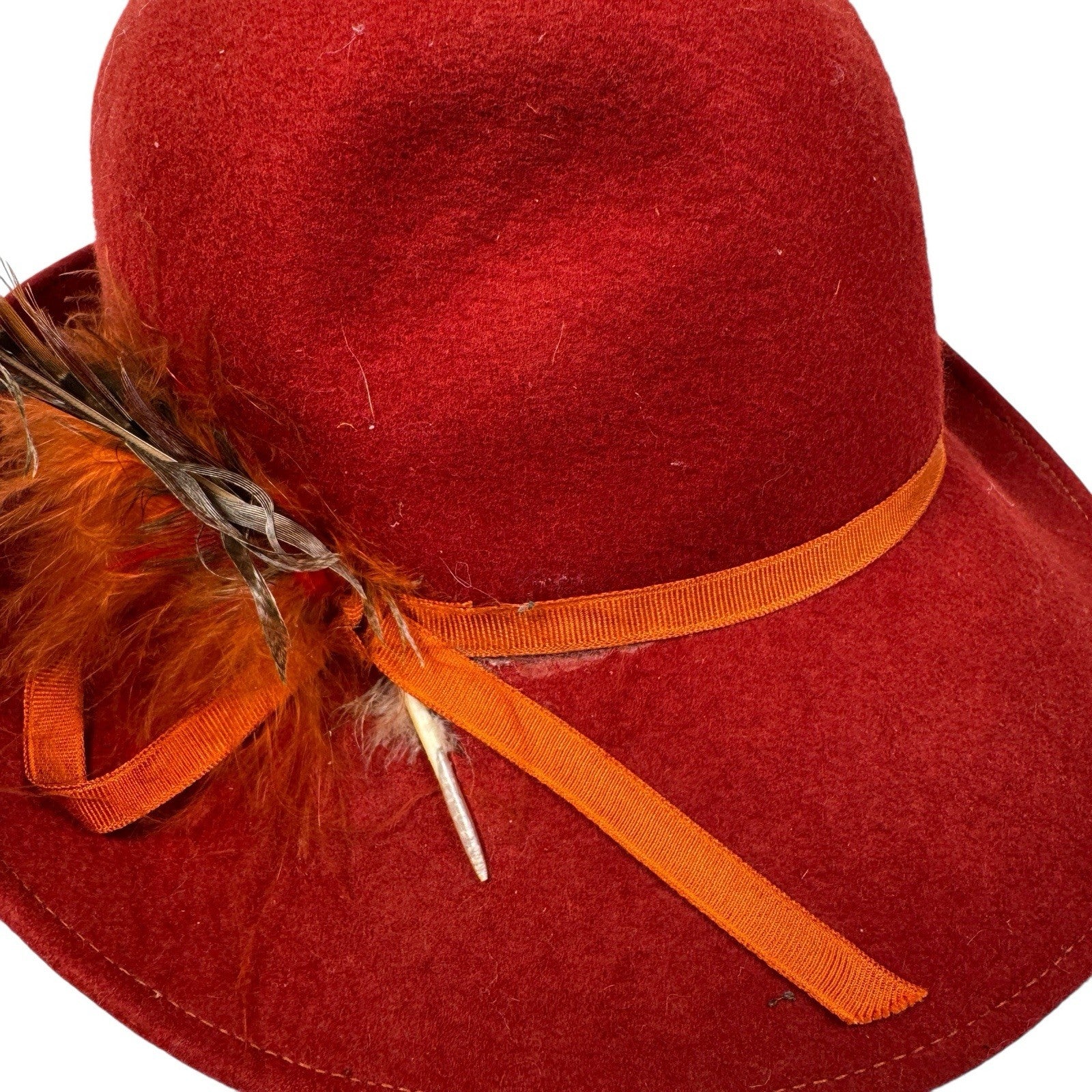 Vintage Lancaster Felt 100% Wool Red One Size Womens Hat With Feather Trim