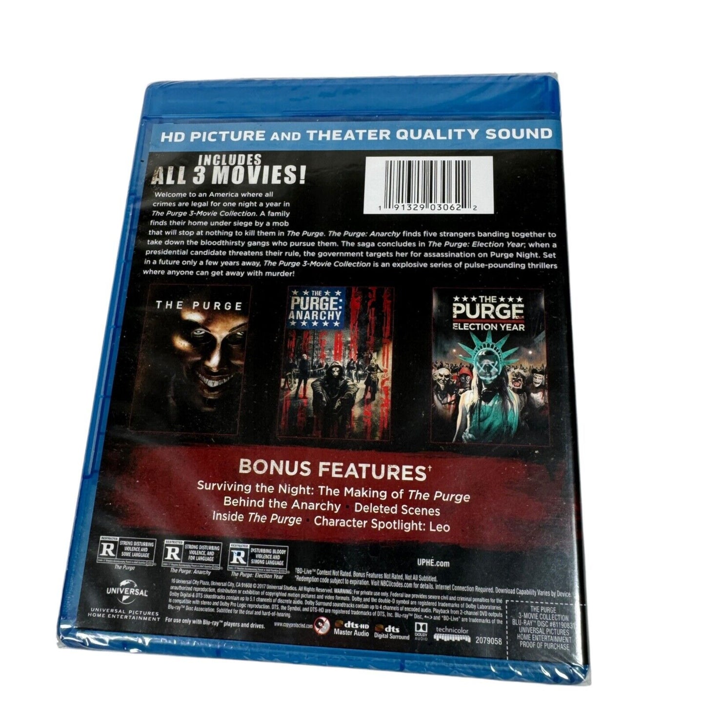 The Purge 3-Movie Set Horror Blu Ray with The Purge, Anarchy, Election Year