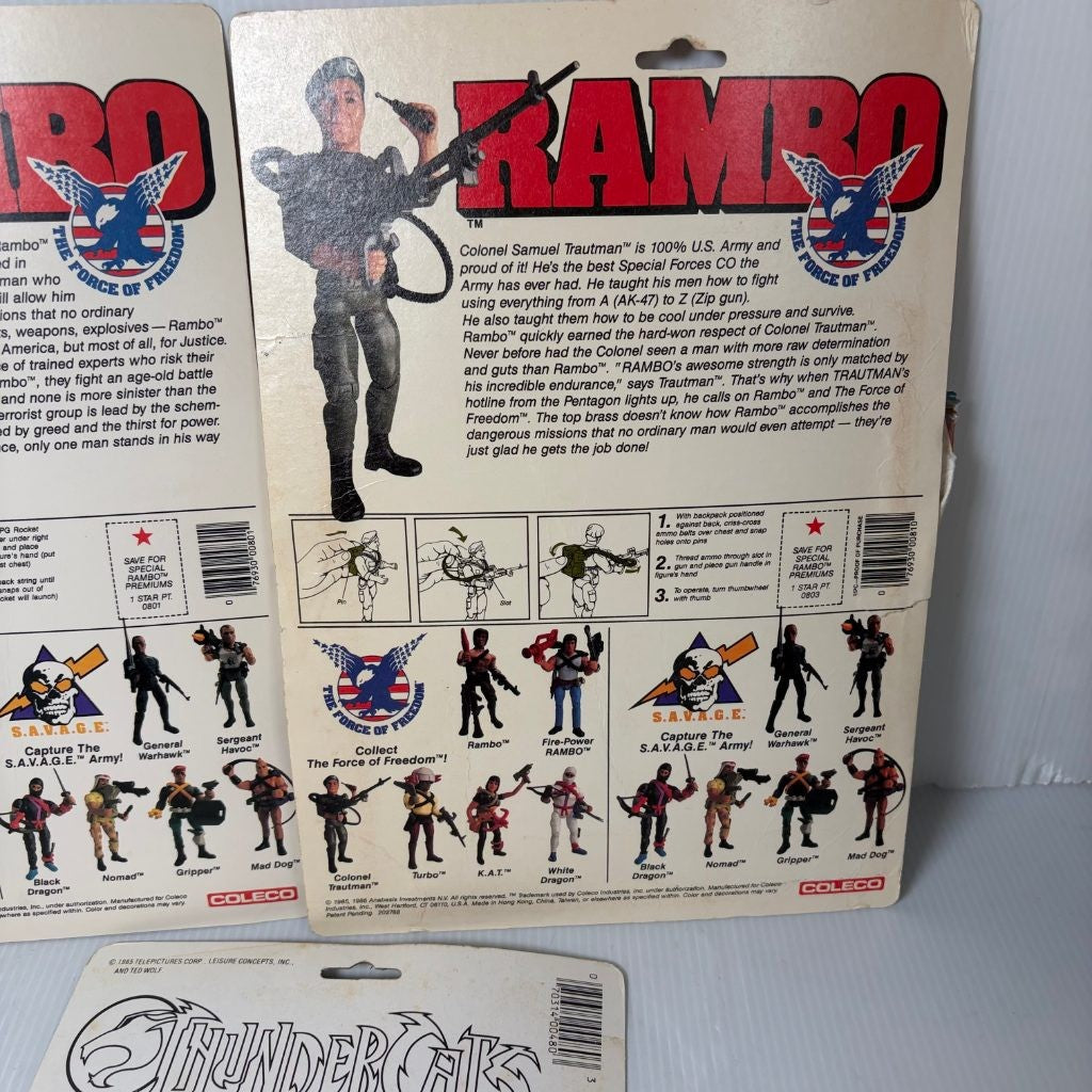 Vintage 1980s Rambo Force of Freedom Cardbacks & ThunderCats Sticker Cardback