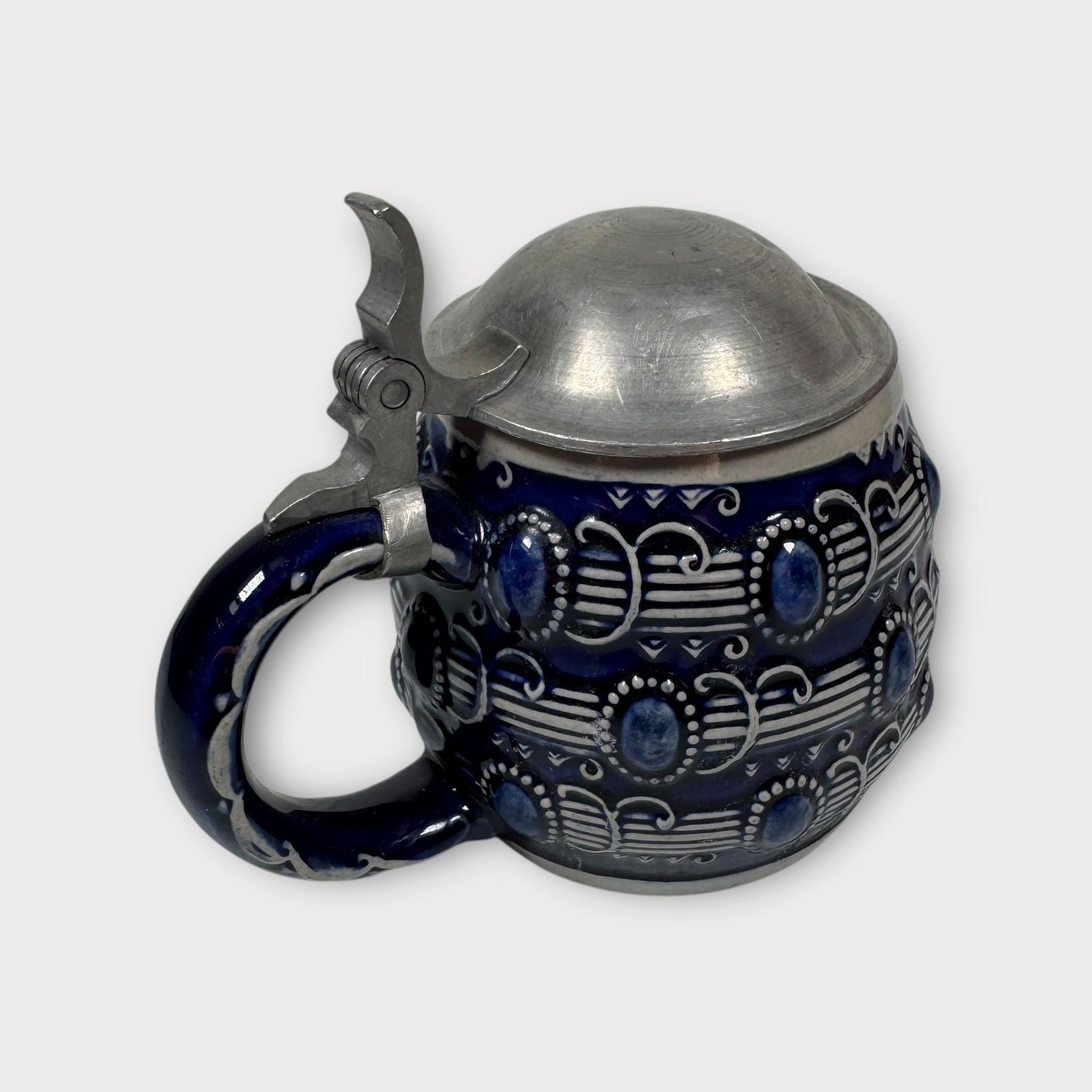 German Höhr-Grenzhausen Reinhold Merkelbach Stein Mug w/ Pewter Lid Blue Design