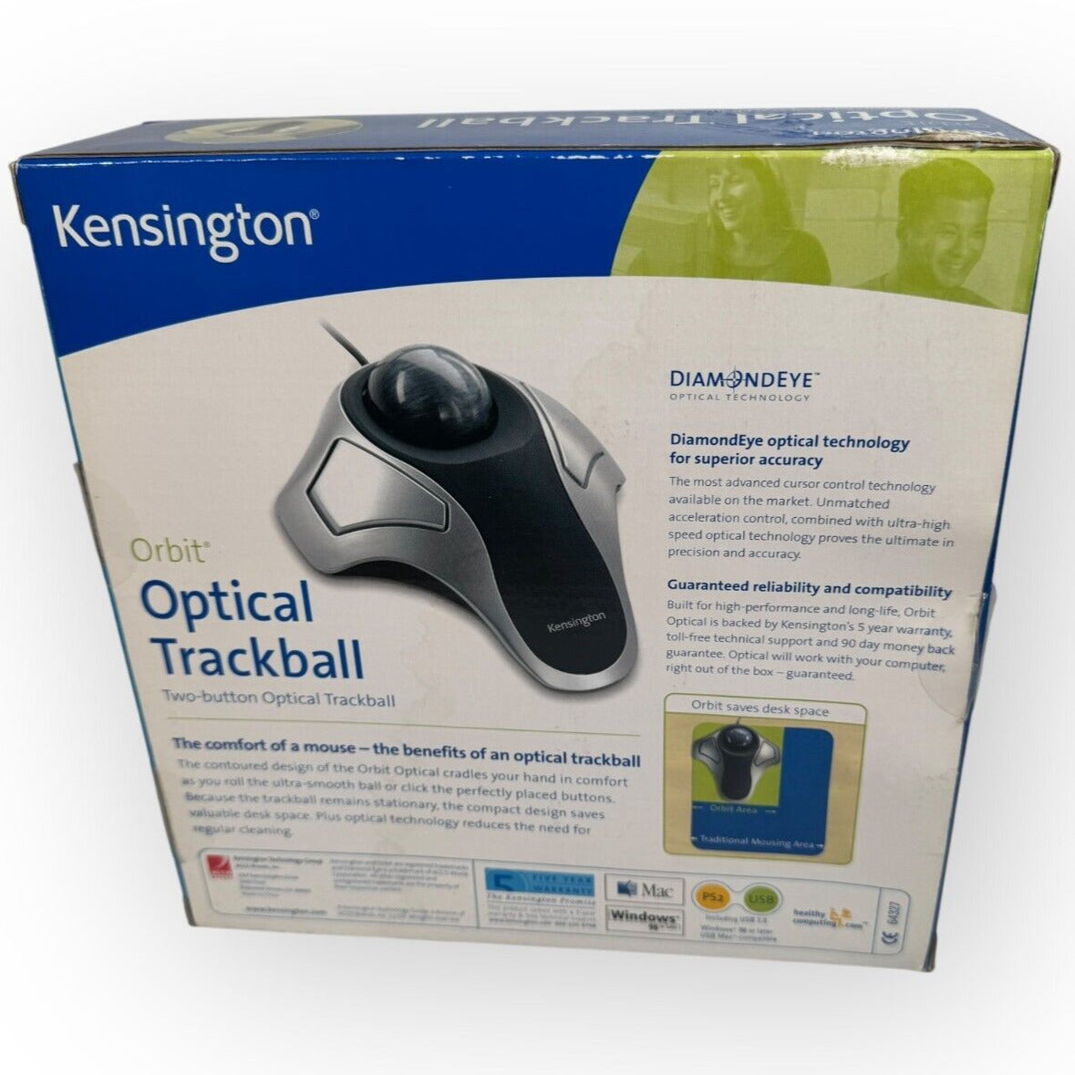 Kensington Orbit Optical Trackball Diamondeye Ergonomic Mouse Used in Open Box