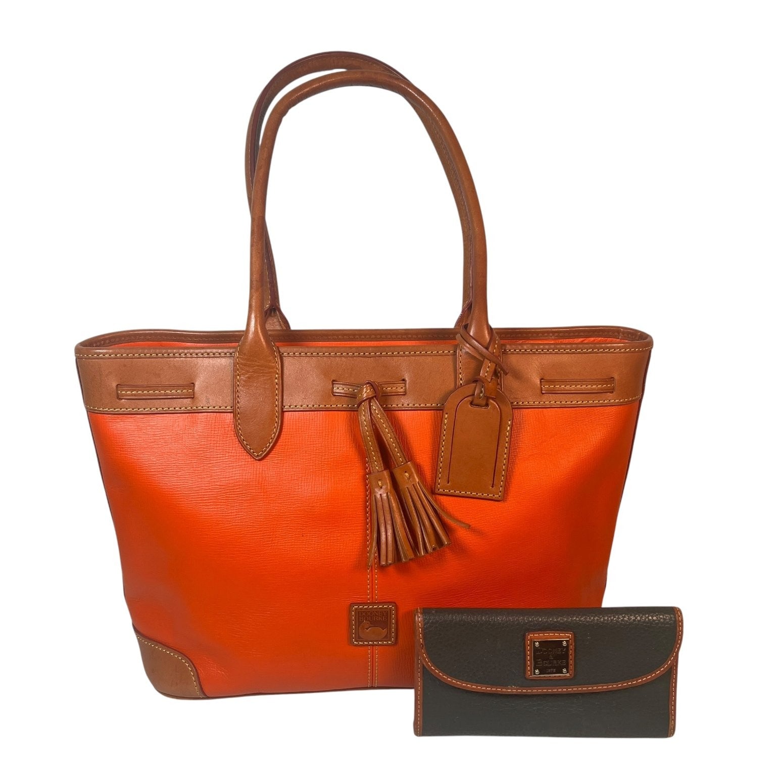 Vintage Dooney & Bourke Tote Bag Purse Saffiano Tassel Orange with Green Wallet